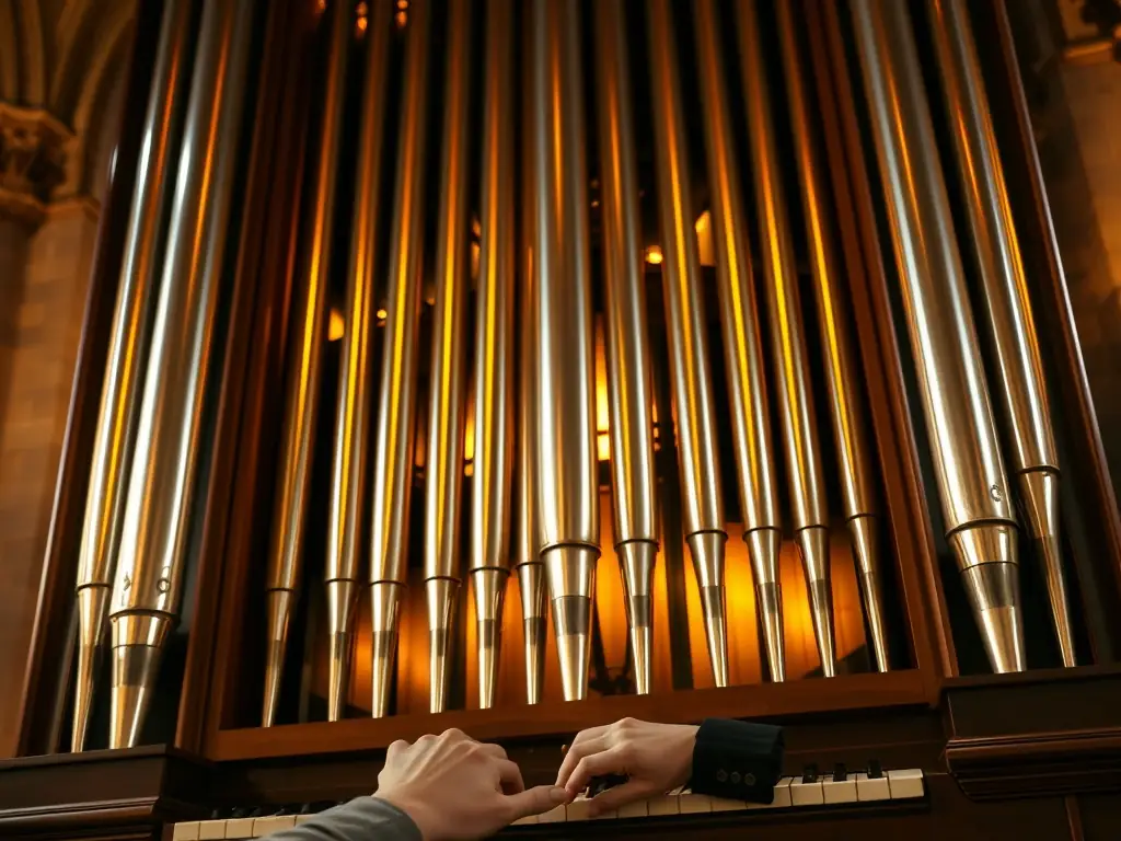 A grand pipe organ in a historic church, bathed in soft, golden light, with an organist's hands gracefully playing the keys during a concert.