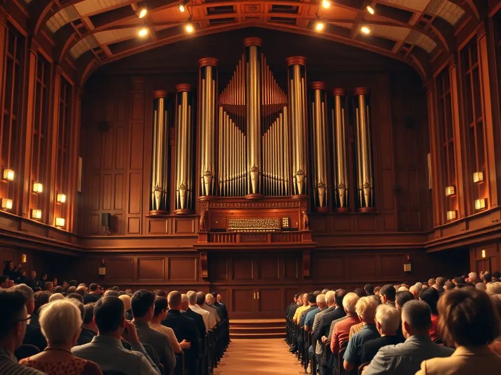 An image of a grand organ in a historic concert hall filled with an attentive audience, bathed in soft, warm light, capturing the essence of a live performance.
