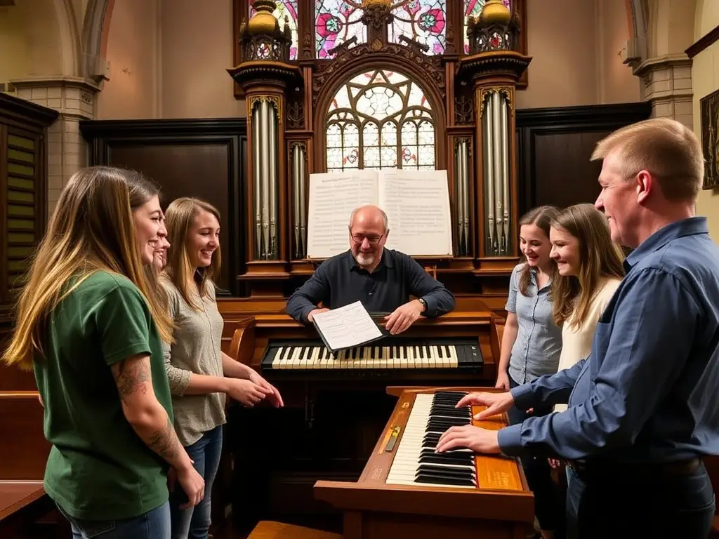 A photograph capturing a group of students participating in an interactive organ music workshop, with a skilled instructor demonstrating techniques on a historic organ in a church setting. The image should convey enthusiasm and engagement.