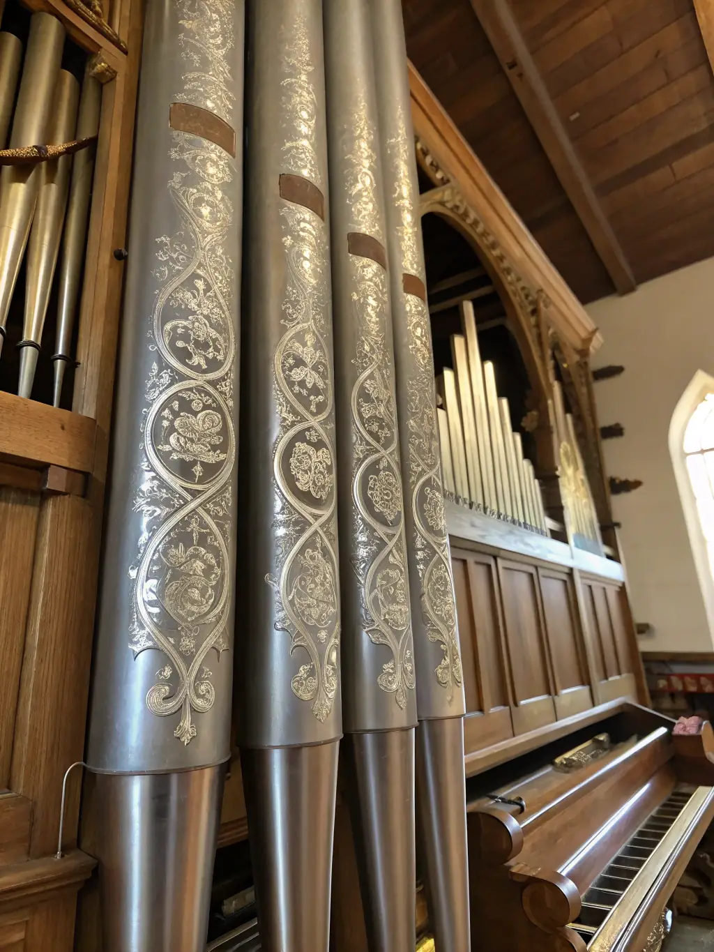 A photograph of a beautifully lit pipe organ in a church during a rehearsal for an upcoming concert, focusing on the intricate details of the instrument.