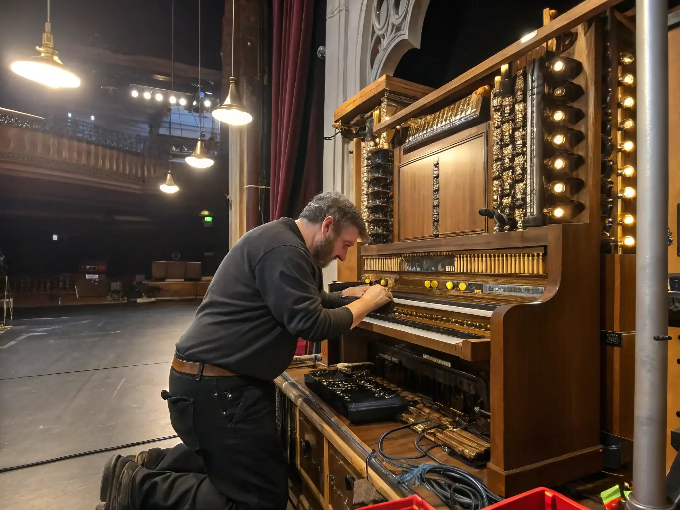 A photograph depicting volunteers and community members collaborating on the restoration of a historic organ in a local church, showcasing the community's dedication to preserving musical heritage.