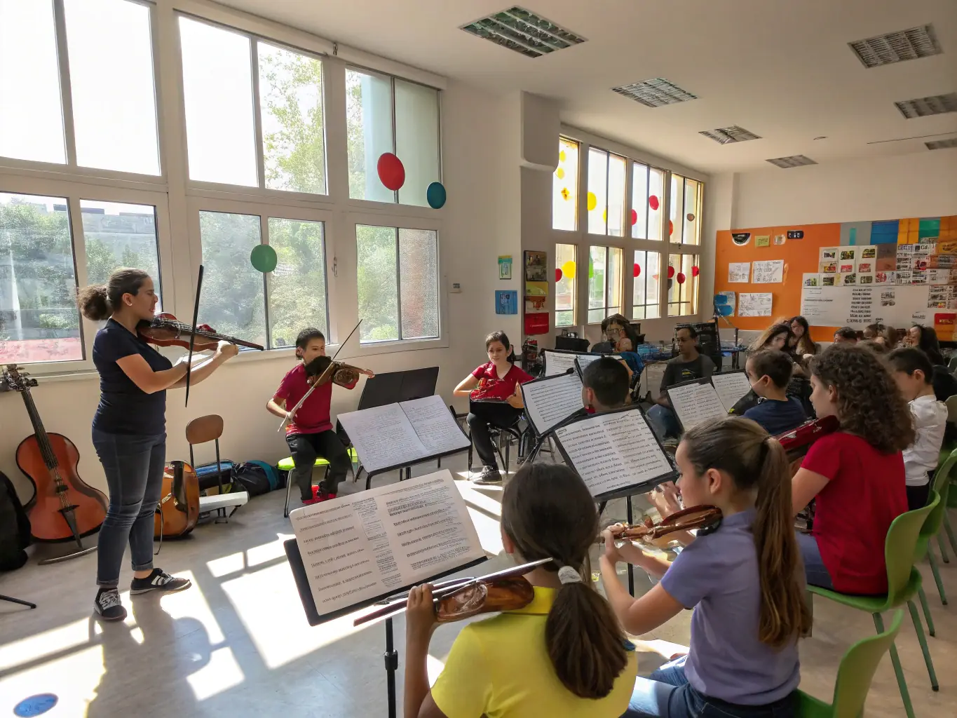 A vibrant image of a group of children participating in an organ music workshop, with a skilled instructor guiding them. The setting is a bright, modern classroom filled with musical instruments and learning materials.
