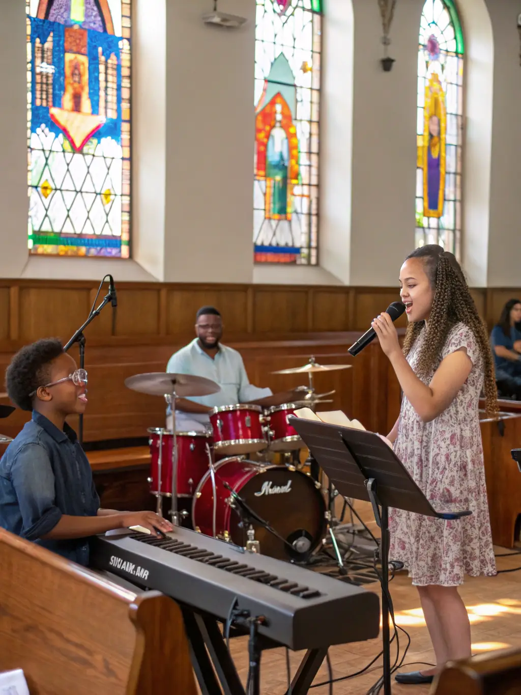 A group of people gathered around an organ, with an instructor demonstrating various techniques and explaining the mechanics of the instrument.