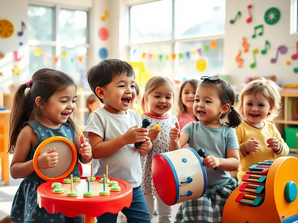 A vibrant image of children participating in an educational program about organ music, showing them playing small instruments and learning about musical notes.