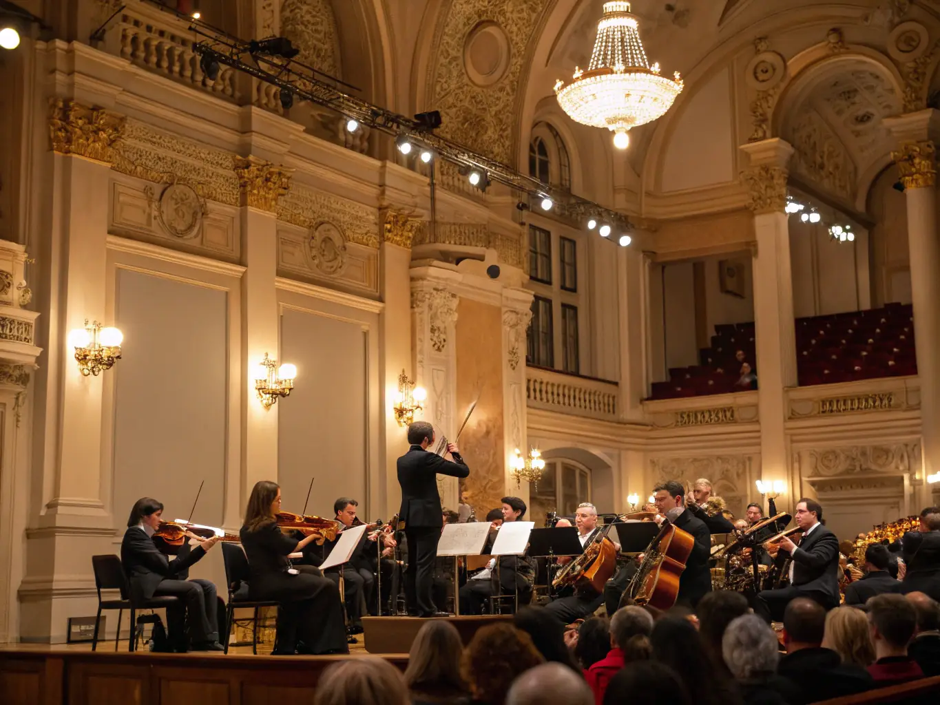 A photograph showcasing a packed concert hall during an ADROA-organized organ recital, featuring a renowned organist performing a classical piece. The image should capture the grandeur of the event and the audience's appreciation.