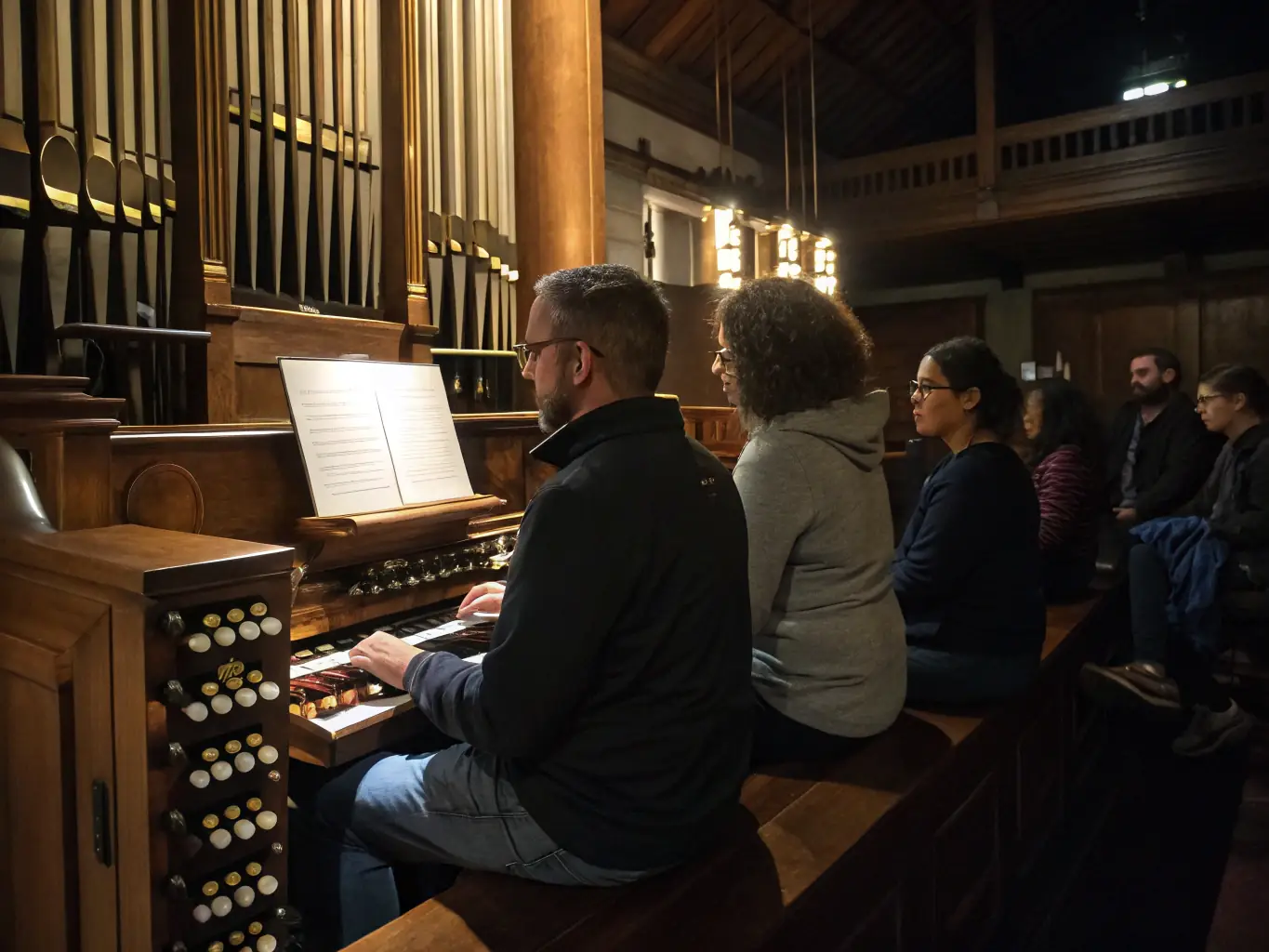A group of people participating in an organ music workshop, with an instructor demonstrating techniques on a smaller practice organ. The atmosphere is engaging and interactive.